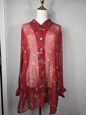 Tess Vintage 90's 100% Silk Sheer Floral Button-Up Blouse in Deep Red Size XL